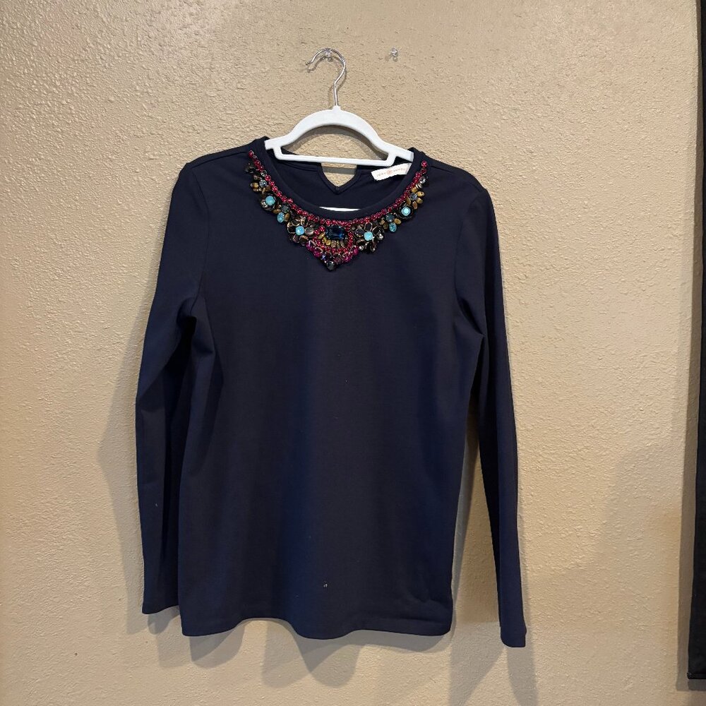 Tory Burch Navy Long Sleeve Embellished Top | Size M